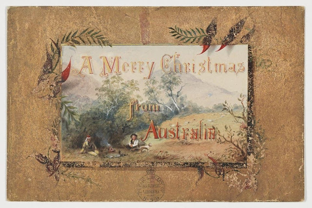 Christmas Card design depicting two men, a bushman and policeman, sitting at a camp fire and a dog with the words "Merry Christmas from Australia".