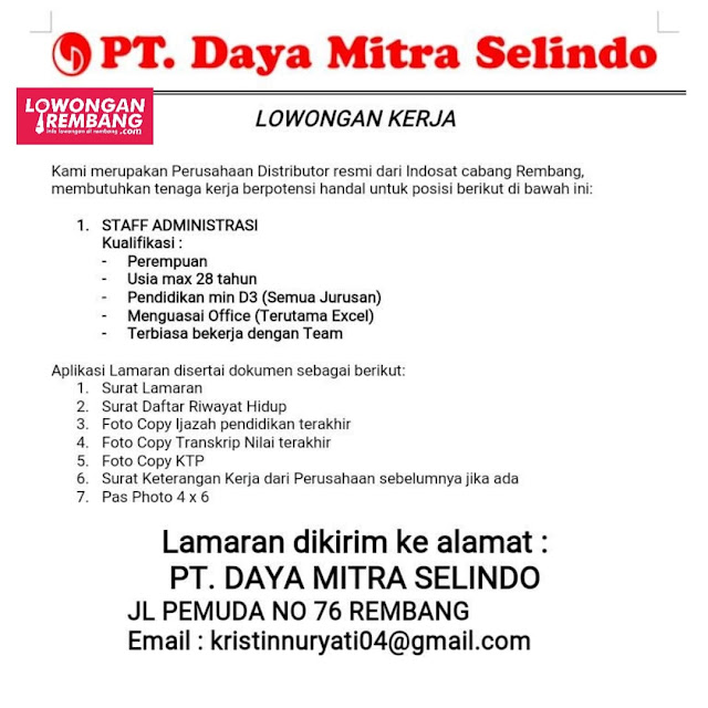 Lowongan Kerja Staff Administrasi PT Daya Mitra Selindo Indosat Ooredoo Rembang