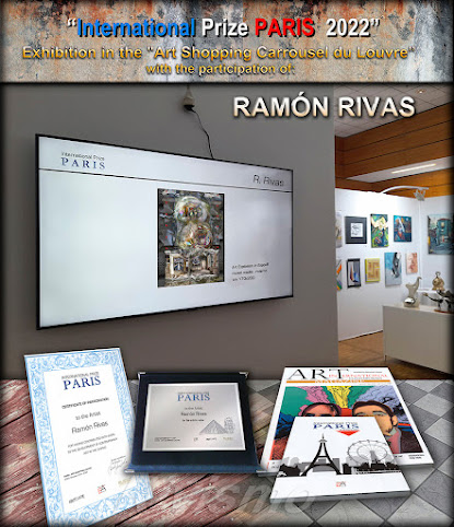 Exhibición Digital de la obra "Art Station in Expo-III" de Ramón Rivas en el   "Art Shopping Carrousel du Louvre", junto al material entregado en dicho premio.