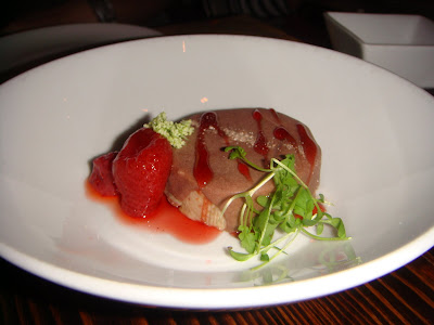 Chocolate-covered foie gras with strawberry glaze at Coppa, Boston, Mass.