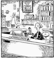 Cartoon of a Librarian with sign that reads search engine