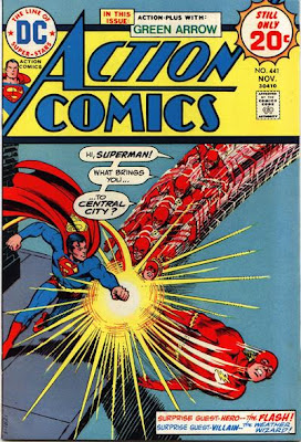 Action Comics #441, Superman punches the Flash as he runs towards him, Nick Cardy cover