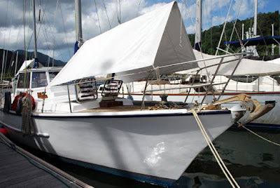 Yacht bow with awnings