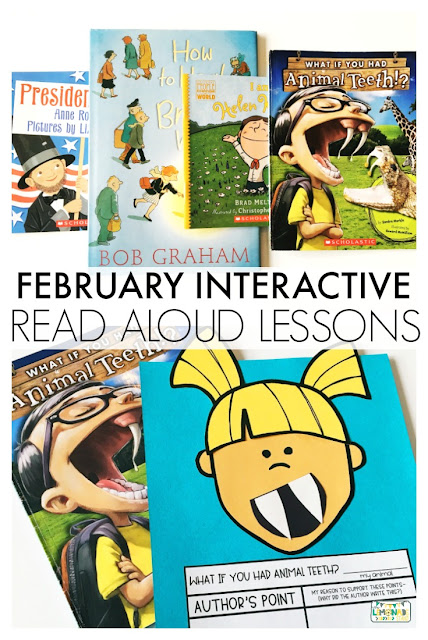 Interactive Read Aloud Lessons for First Grade | Each set of read aloud plans include anchor charts, posters, a daily lesson plan, assessing and advancing questions for partner talk and reading response, vocabulary, mentor sentences, speaking and listening checklists, vocabulary acquisition checklists, and daily and culminating task journal printables, as well as crafts and directed drawing. Get ready for an engaging interactive read aloud!  What If You Had Animal Teeth, Presidents' Day, How to Heal a Broken Wing, I Am Helen Keller