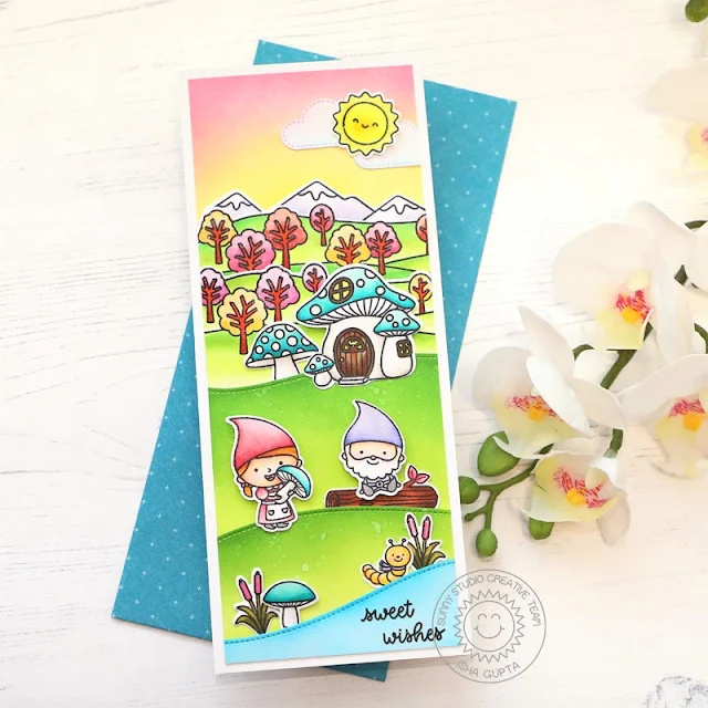 Sunny Studio Stamps: Country Scenes Slimline Dies Home Sweet Gnome Garden Fairy Card by Isha Gupta