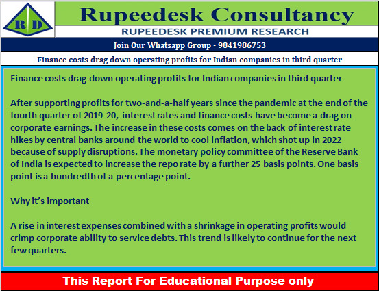 Finance costs drag down operating profits for Indian companies in third quarter - Rupeedesk Reports - 08.02.2023