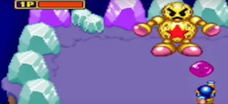 Robotic style of boss which is golden coloured with  circle belly with red star on it plus purple colours shoes or palms of his hand with fantasy  style of blue knight man in like purple mountain area