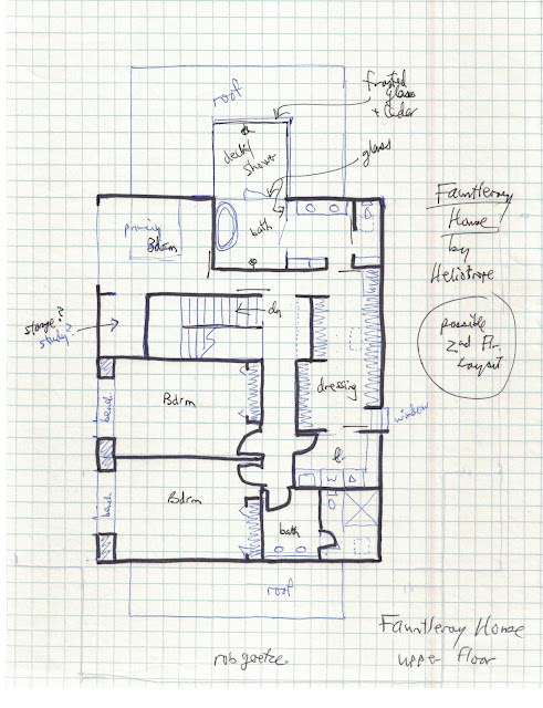 hand-drawn floor plan on graph paper. On left side, from top to bottom: primary bedroom, stairwell, two children's bedrooms. On right side from top to bottom, parents' bathroom, parents' dressing room, laundry room, and children's bath. At top of plan an outdoor deck on top of the garage has an outdoor shower, accessed from parents' bath. Shower area is shielded by cedar and opaque glass.