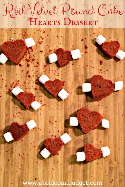 Looking for an engagement party or bridal shower dessert recipe? Try these Red Velvet Pound Cake Heart Desserts from www.abrideonabudget.com.