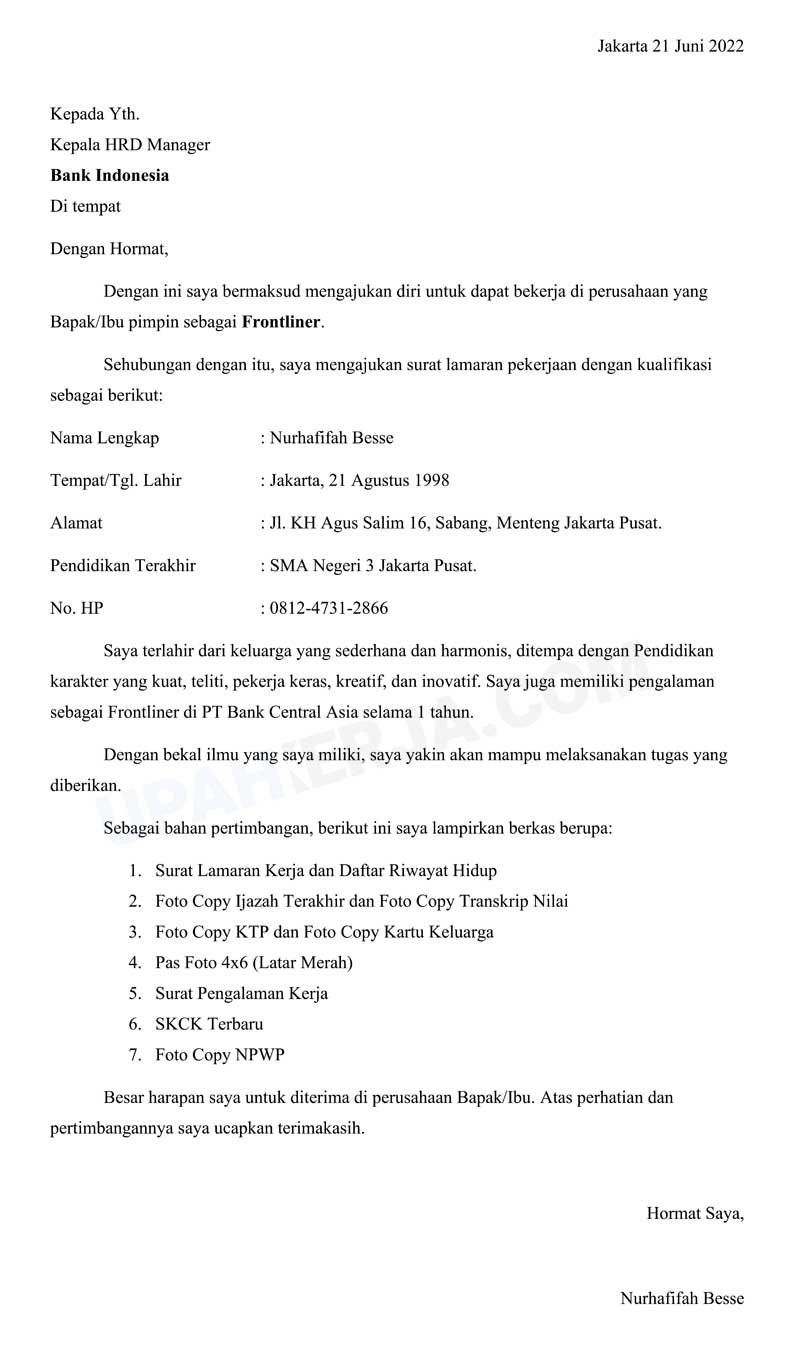 Contoh Surat Lamaran Kerja Bank Indonesia (BI)