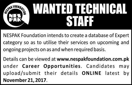 Latest Jobs in NESPAK Foundation 2017 for Technical Staff