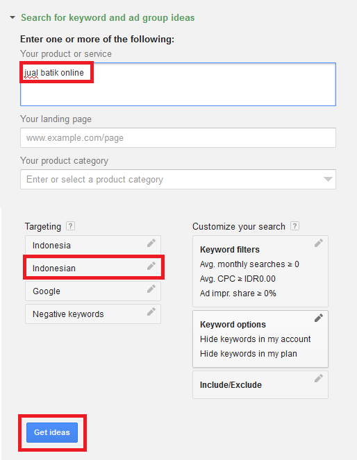 atur parameter formulir riset kata kunci