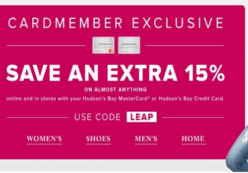 Hudson's Bay Extra 15% Off Cardmember Exclusive Promo Code