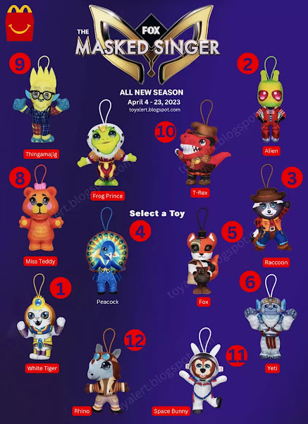 Masked Singer Happy Meal Toys 2023 Set of 8 from McDonald's includes 1 White Tiger, 2 Alien, 3 Raccoon, 4 Peacock, 5 Fox, 6 Yeti, 7 Miss Teddy, 8 Frog Prince, 9 Thingamajig, 10 T-Rex, 11 Space Bunny and 12 Rhino plush figures