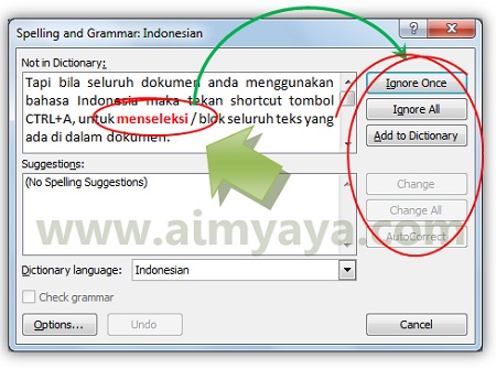  Gambar: Membiarkan, memasukkan dalam kamus (dictionary), atau merubah kata yang sedang dicheck atau dikoreksi