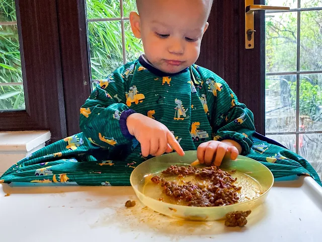 baby holding plate on top of highchair tray with smears of food around 