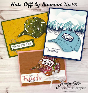 These three cards use Stampin' Up!'s Hats Off Bundle along with the Beauty of the Earth designer paper, Bark Embossing Folder, Blending Brushes, Create with Friends, Quiet Meadow, and Mountain Air.  Two are more masculine and one more feminine.  #StampinUp #StampTherapist #HatsOff