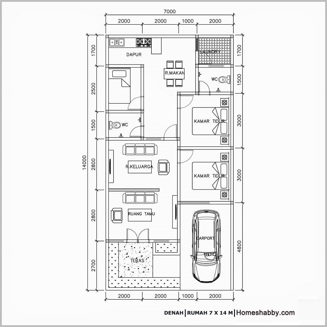 Desain Dan Denah Rumah Minimalis Modern Dengan Ukuran 7 X 14 M Material Bata Ekspos Tampil Elegan Dan Kekinian Homeshabbycom Design Home Plans