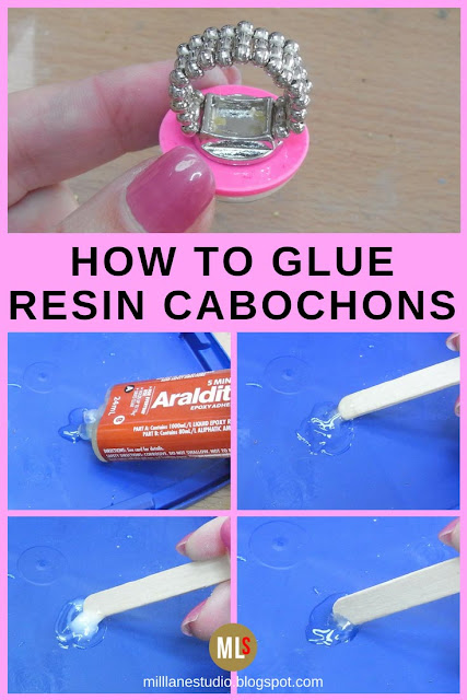 Step-by-step project sheet for how to glue resin cabochons onto flat pad jewellery blanks