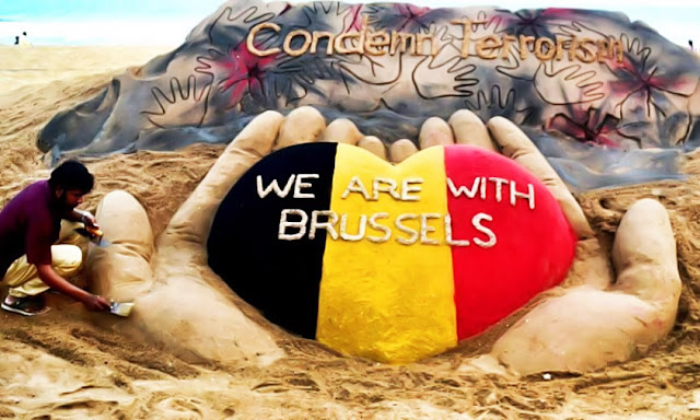 Brussels Terrorist Attack: We Are With ‪Brussels‬ - Sand Art by Sudarsan Pattnaik