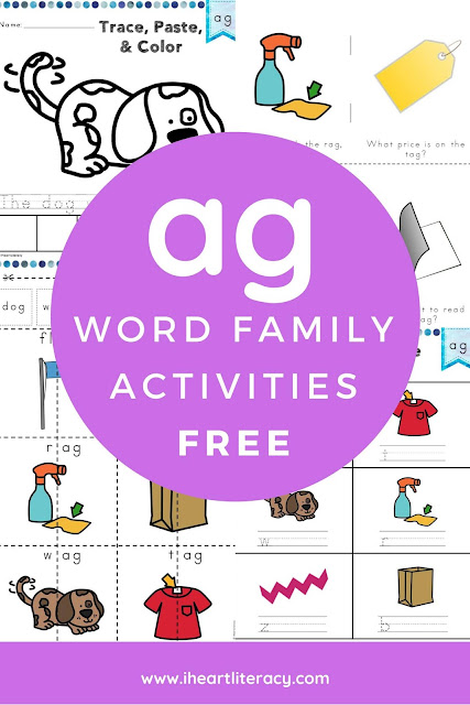 This free ag Word Family Word Work and Activities pack includes over 30 different student centered phonics activities, not just worksheets, that promote reading, tracing, writing, building, cutting, pasting, and creating words in the ag word family with little to no prep work for you. #wordwork #phonics #agwordfamily #free #teacher