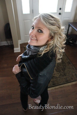Black Leather Coat with a Grey Scarf and Big Curly Hair