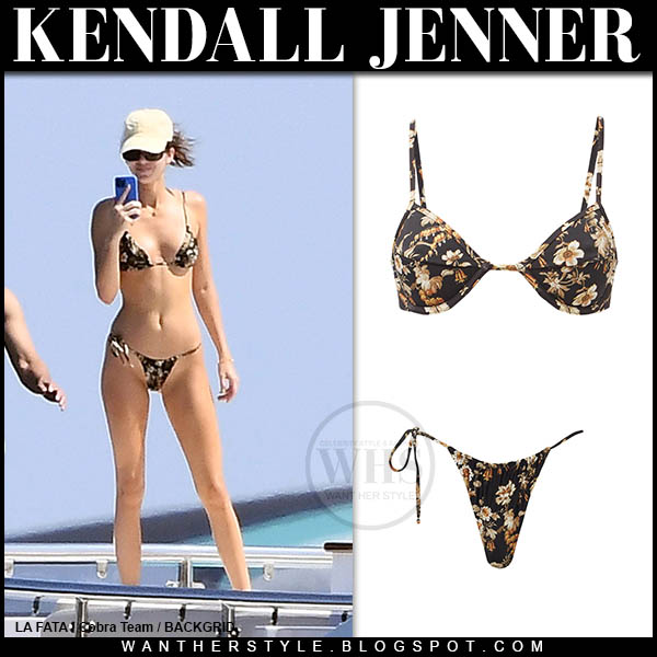 Kendall Jenner in black floral print bikini on a yacht