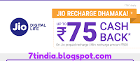 get Rs 75 cashback on all Recharges of Reliance jio more than Rs 300