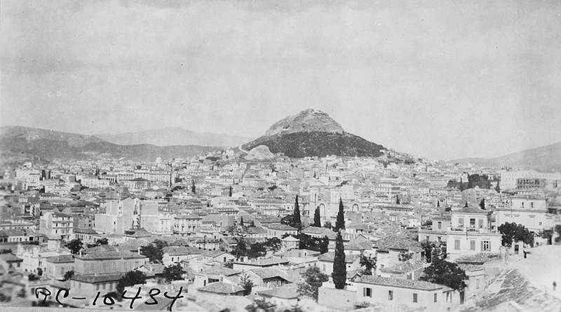 A panoramic view of the Royal Palace (actual Parliament) and Mount Lycabettus. Photograph from 1850-1880