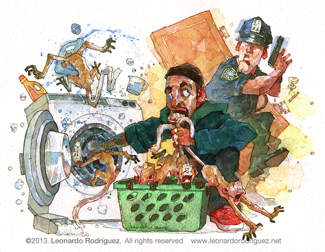 Watercolor artoon of a criminal trying to put monkeys in a washing machine just as the police arrive to arrest him. It is a joke about LEAST USED POLICE CODES, Published in Mad magazine.