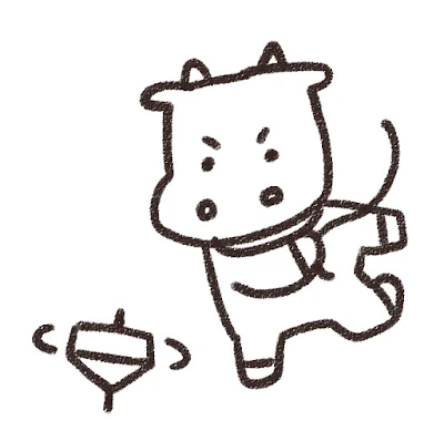 コマ回しをする牛のイラスト（丑年・白黒線画）