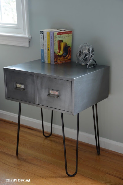 Thrifted vintage metal cabinet with hairpin legs makeover