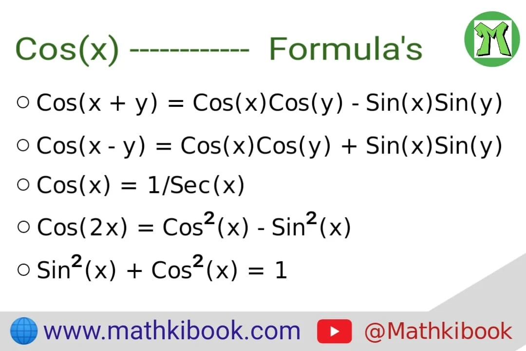 Cos(X) Formula, Cos(X±Y) Formula, Cos(2X) Formula, Sin²(X) + Cos²(X) = 1