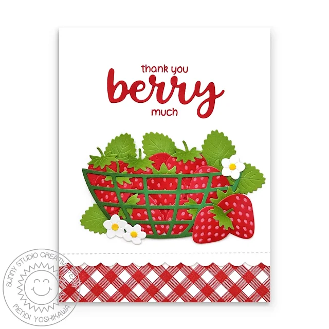 Sunny Studio Stamps Thank You Berry Much Punny Strawberries GIngham Summer Card using Strawberry Patch & Build-A-Bowl Dies