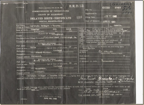 Gertrude B O'Rourke delayed birth cert 1943