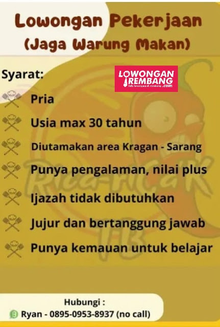 Lowongan Kerja Pegawai Jaga Warung Rica Rica TB Rembang Tanpa Syarat Ijazah