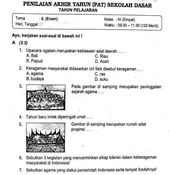 Contoh Soal Pat / Uas Semester 2 Kelas 4 Kurikulum 2013 Sd/Mi