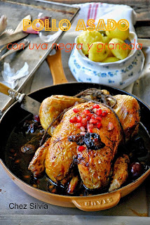 Pollo asado con uva negra y granada & Patatas al ajo y limón