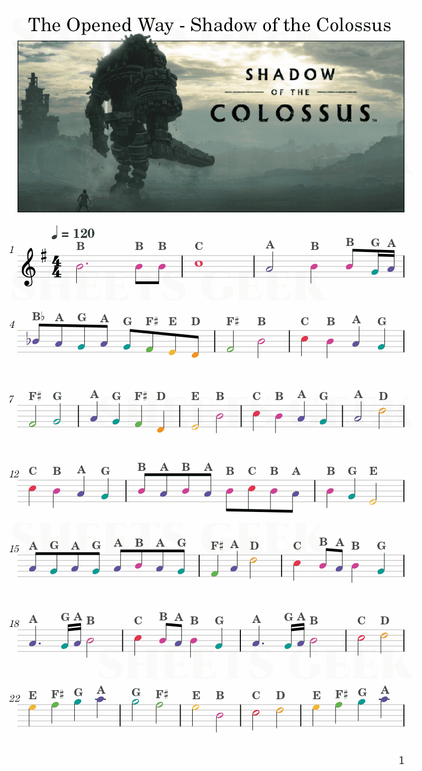 The Opened Way - Kow Otani (Shadow of the Colossus) Easy Sheet Music Free for piano, keyboard, flute, violin, sax, cello page 1