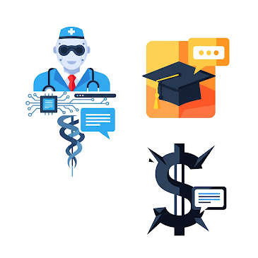 AI Chatbot Applications in Real-World Industries Three distinct icons, each symbolizing AI chatbot applications within healthcare, education, and finance. The healthcare icon could be a stylized doctor's symbol, with a circuit board or a chatbot interface woven into it, emphasizing technological integration in medicine. The education icon could feature a graduation cap with a speech bubble symbolizing a conversation, incorporating a warm, inviting colour palette with shades of orange and yellow. The finance icon could be a stylized dollar sign with a chatbot interface, designed with sharp angles and a bold black and white color scheme to represent precision and accuracy within the financial sector. Each icon uses a flat design style, incorporating vivid colors and simple, easily recognizable shapes for immediate and universal understanding, suitable for use within a mobile application interface or educational presentation.