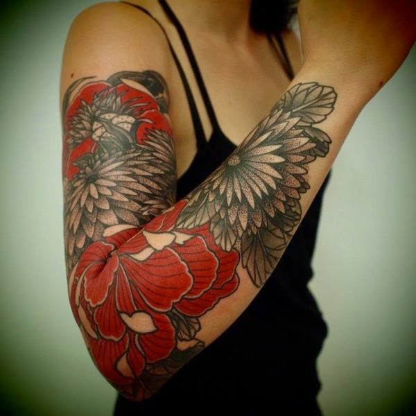 Colorful Right Sleeve Tattoos, Tattoos of Grey Flower on Right Sleeve, Right Sleeve Red Grey Color Flower Tattoos, Parts, Women,
