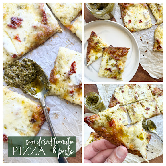 A collage of sun dried tomato & pesto pizza on parchment paper.