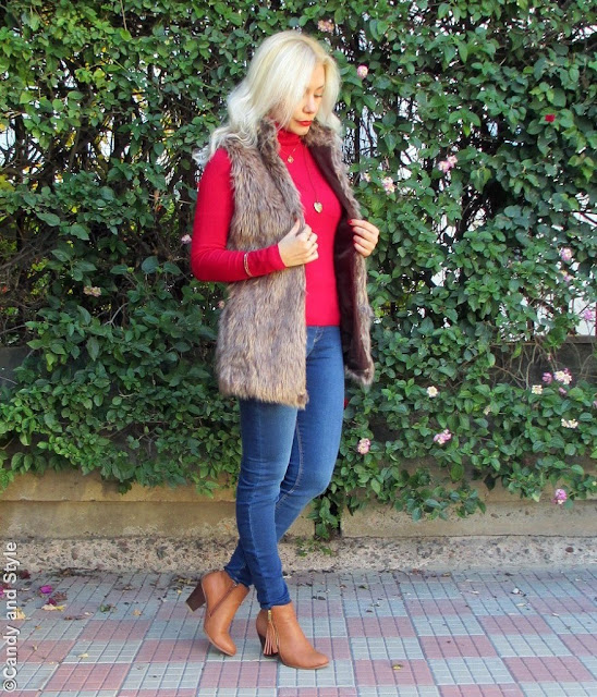 FauxFurVest+RedTurtleneck+BlueJeggings+FringedBooties+BeachWaves+RedLips - Lilli Candy and Style Fashion Blog