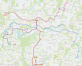 Kartalla esitetty linjojen 571, 572, 574 ja 616 ylhäällä kuvatut muuttuvat reitit