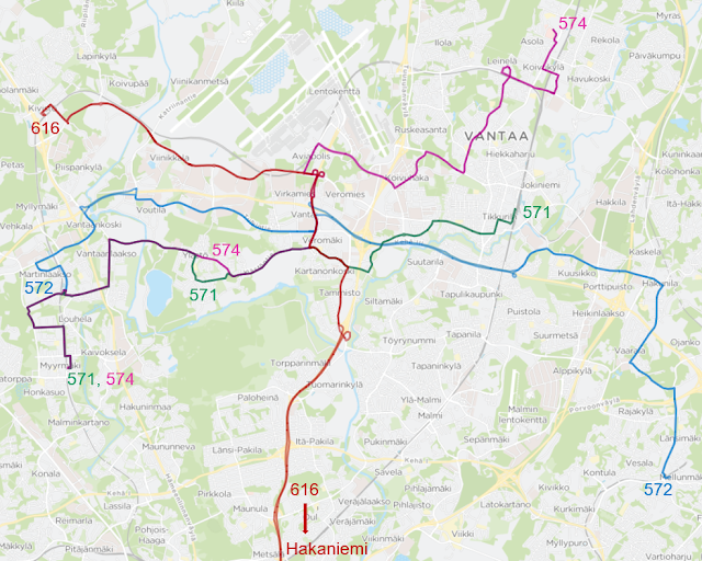 Kartalla esitetty linjojen 571, 572, 574 ja 616 ylhäällä kuvatut muuttuvat reitit