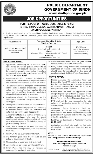 Sindh Traffic Police Jobs Application Form 2022 PTS Advertisement Last Date