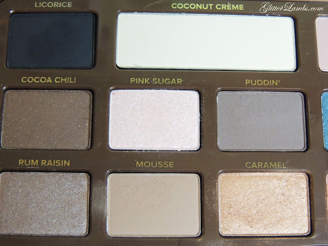 Too Faced "Semi-Sweet Chocolate Bar" Palette swatches review. Makeup eyeshadow-GlitterLambs.com Licorice, Coconut Creme, Nouget, Truffled, Hot Fudge, Cocoa Chili, Pink Sugar, Puddin', Blueberry Swirl, Peanut Butter, Frosting, Rum Raisin, Mousse, Caramel, Bon Bon, Butter Pecan