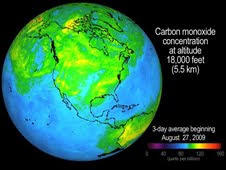 Animation of NASA AIRS data showing the concentration and transport of carbon monoxide in smoke from the California Station wildfire