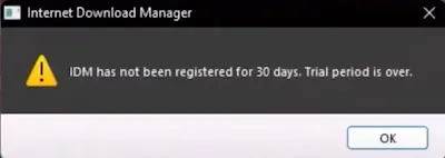 image of "Idm has not been registered for 30 days. trial period is over. " error