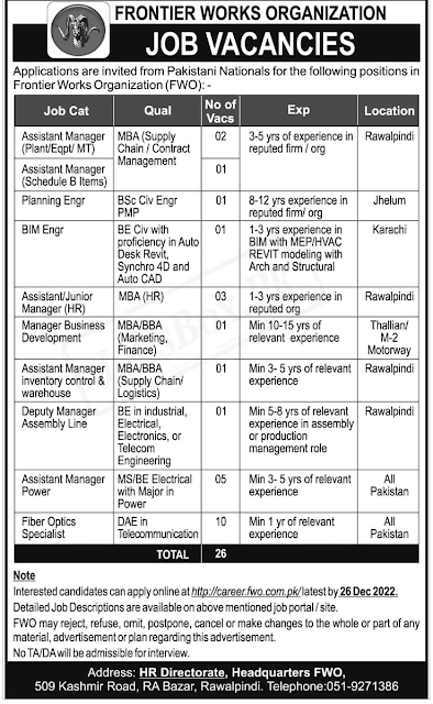 Frontier Works Organization FWO December 2022 Jobs - Career.fwo.com.pk